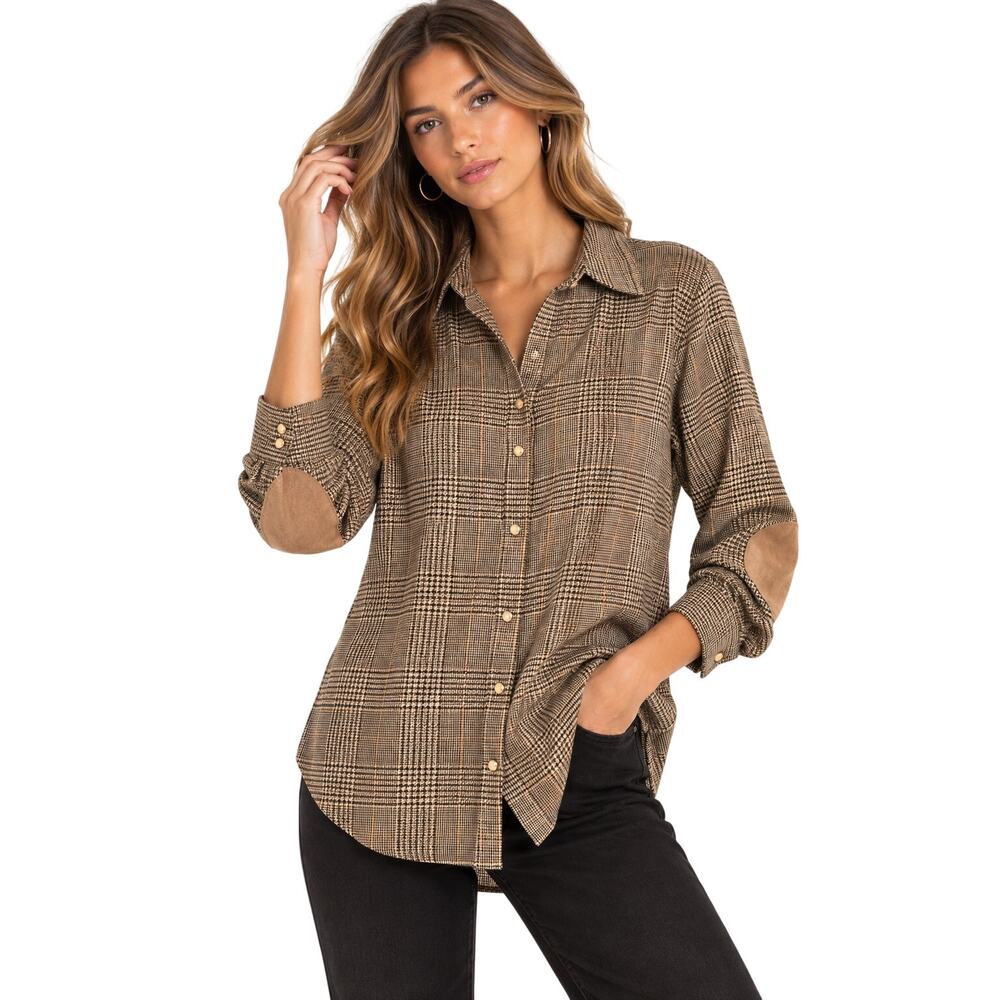 Ralph Lauren Brown Houndstooth Suede Elbow Patch Shirt EUC Size Medium